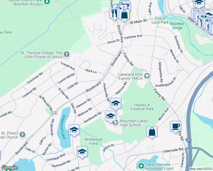 map of restaurants, bars, coffee shops, grocery stores, and more near 7 Powerville Road in Mountain Lakes