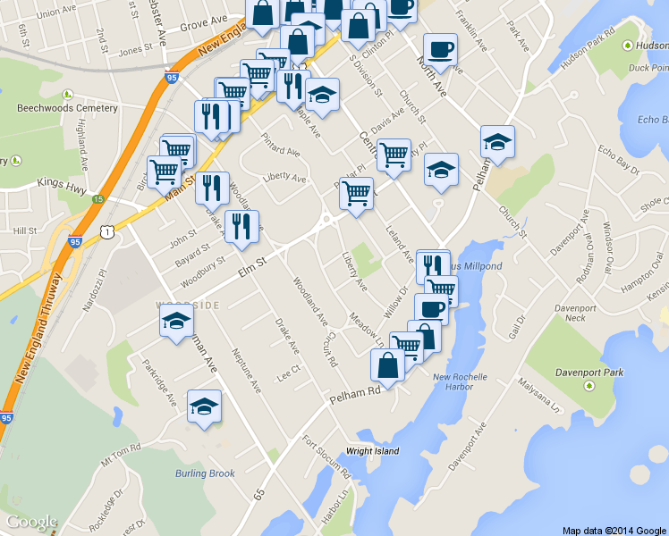 map of restaurants, bars, coffee shops, grocery stores, and more near 22 Meadow Lane in New Rochelle
