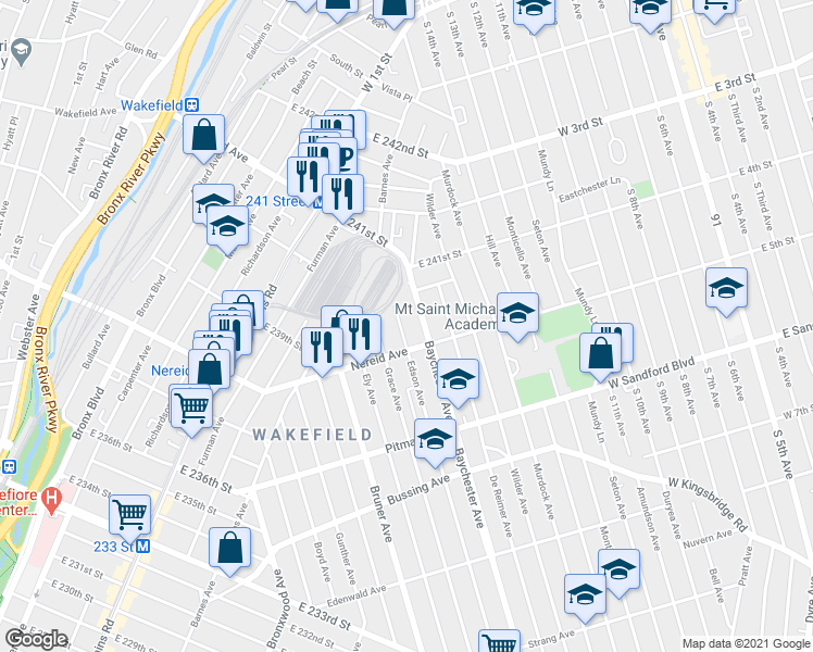 map of restaurants, bars, coffee shops, grocery stores, and more near 4442 Baychester Avenue in The Bronx