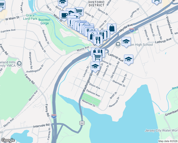 map of restaurants, bars, coffee shops, grocery stores, and more near 86 Grant Street in Boonton
