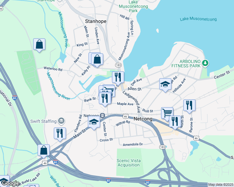 map of restaurants, bars, coffee shops, grocery stores, and more near 17 Main Street in Netcong