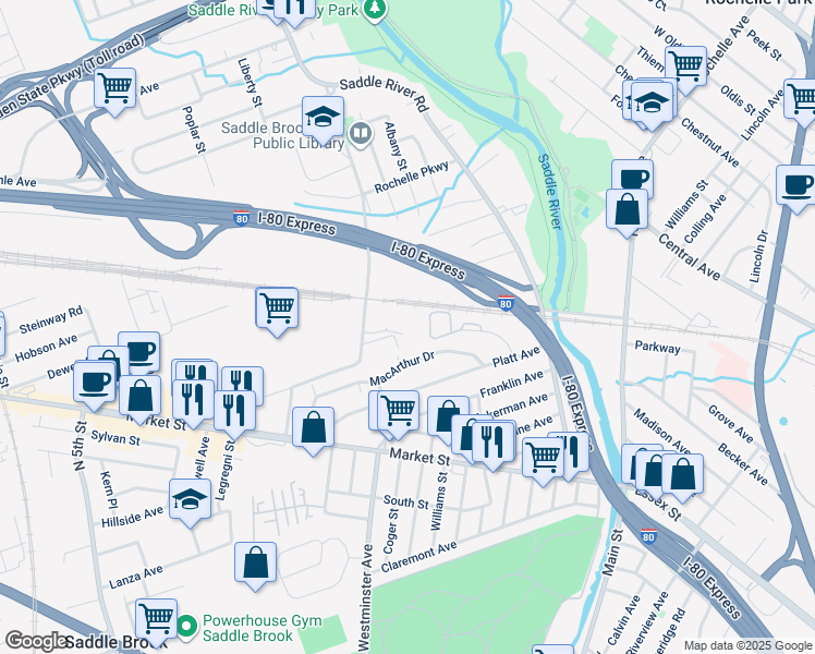 map of restaurants, bars, coffee shops, grocery stores, and more near 140 Mayhill Street in Saddle Brook