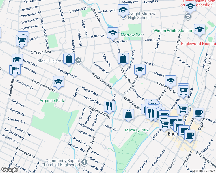 map of restaurants, bars, coffee shops, grocery stores, and more near 295 West Palisade Avenue in Englewood