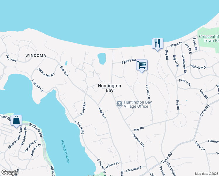 map of restaurants, bars, coffee shops, grocery stores, and more near in Huntington Bay