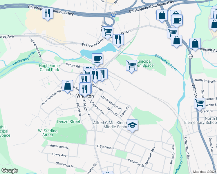 map of restaurants, bars, coffee shops, grocery stores, and more near 45 Kossuth Street in Wharton