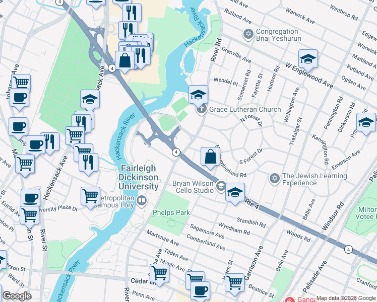 map of restaurants, bars, coffee shops, grocery stores, and more near 1140 River Road in Teaneck