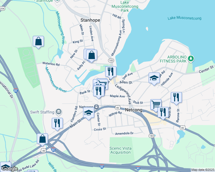 map of restaurants, bars, coffee shops, grocery stores, and more near 18 Main Street in Netcong