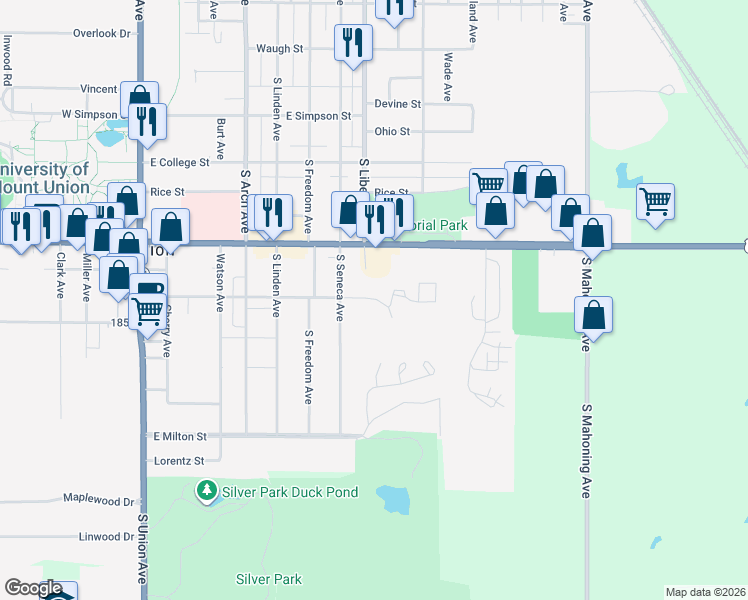 map of restaurants, bars, coffee shops, grocery stores, and more near 640 East Mill Street in Alliance