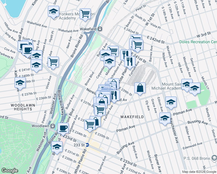 map of restaurants, bars, coffee shops, grocery stores, and more near 675 East 239th Street in Bronx