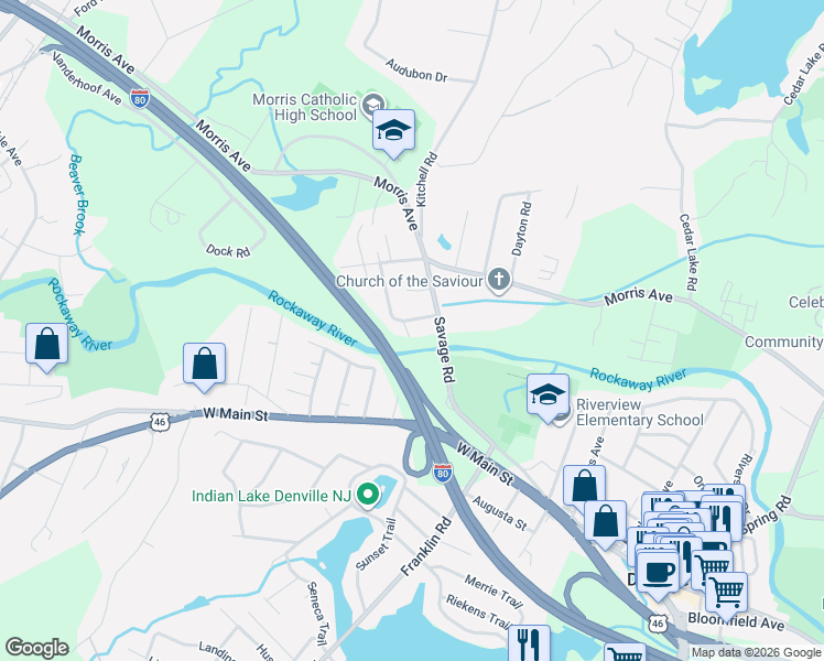 map of restaurants, bars, coffee shops, grocery stores, and more near 6 Katherine Street in Denville