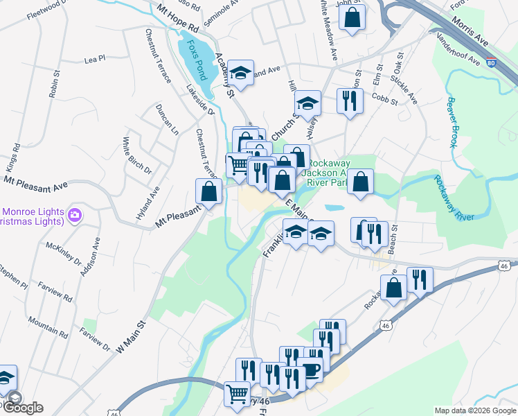 map of restaurants, bars, coffee shops, grocery stores, and more near 1 Bank Street in Rockaway