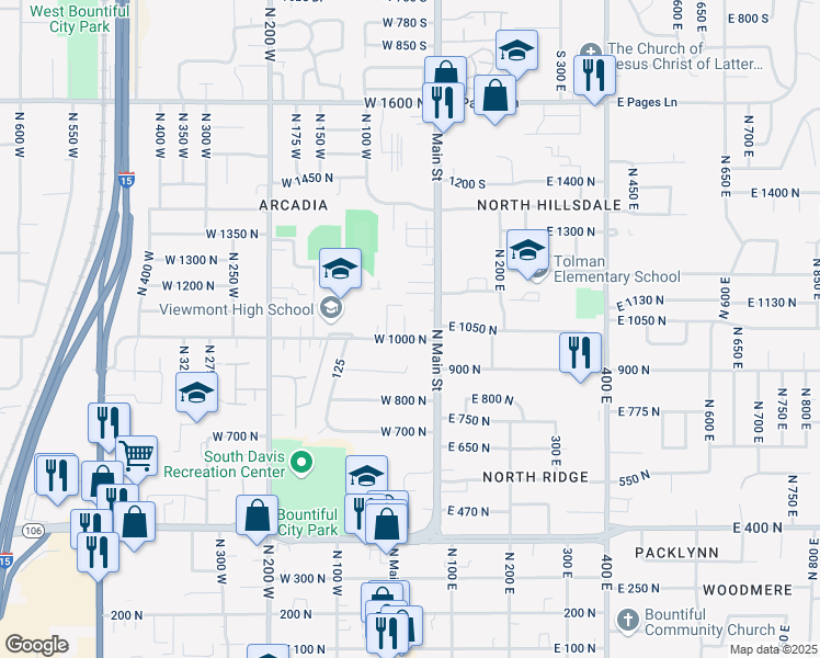 map of restaurants, bars, coffee shops, grocery stores, and more near 32 West 1000 North in Bountiful