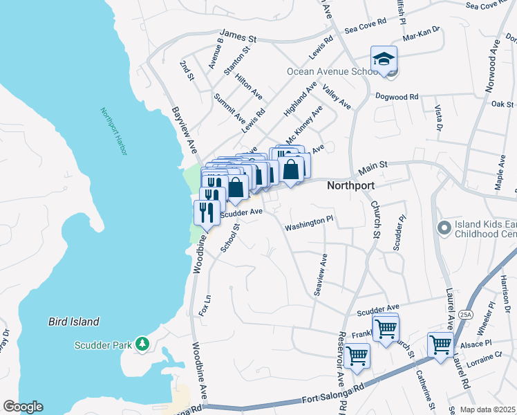 map of restaurants, bars, coffee shops, grocery stores, and more near 172 Main Street in Northport