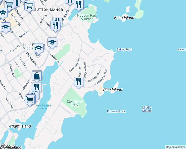 map of restaurants, bars, coffee shops, grocery stores, and more near 40 Winchester Oval in New Rochelle