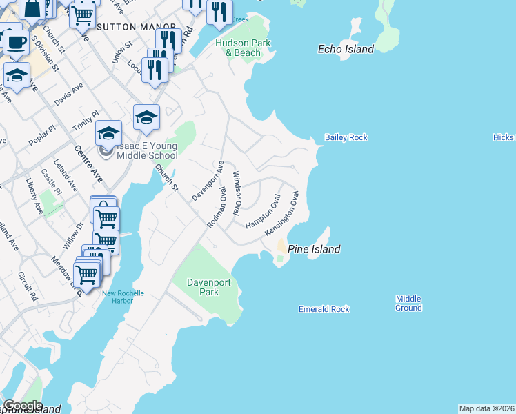 map of restaurants, bars, coffee shops, grocery stores, and more near 40 Winchester Oval in New Rochelle