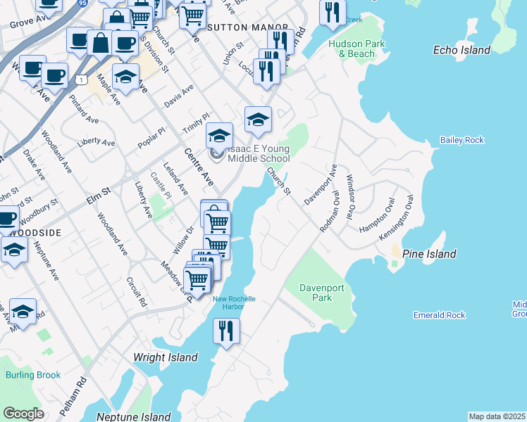 map of restaurants, bars, coffee shops, grocery stores, and more near 3 Mill Pond Lane in New Rochelle