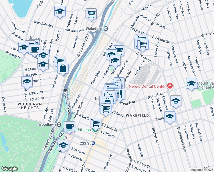map of restaurants, bars, coffee shops, grocery stores, and more near 4449 Matilda Avenue in Bronx