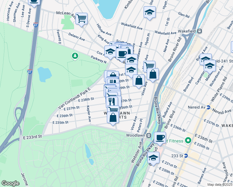 map of restaurants, bars, coffee shops, grocery stores, and more near 4350 Katonah Avenue in Bronx