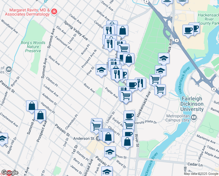 map of restaurants, bars, coffee shops, grocery stores, and more near 112 Grand Avenue in Hackensack