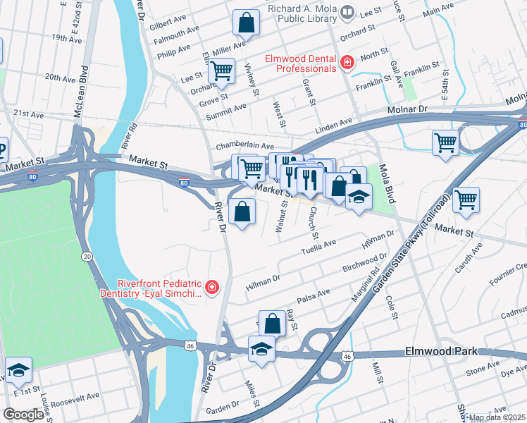 map of restaurants, bars, coffee shops, grocery stores, and more near 182 Market Street in Elmwood Park