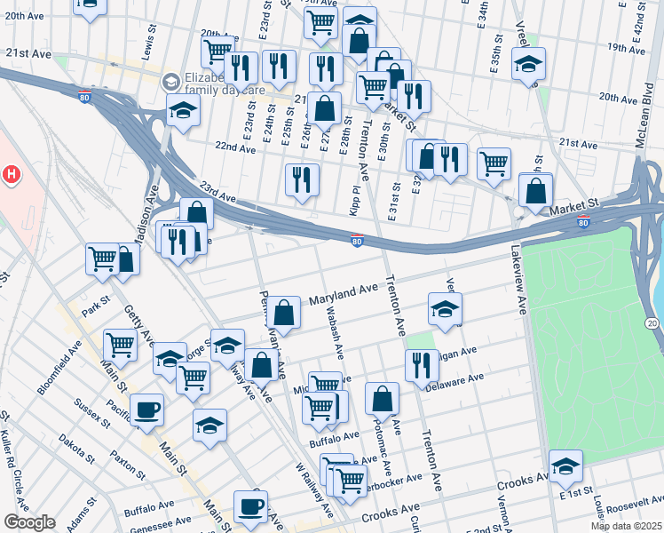 map of restaurants, bars, coffee shops, grocery stores, and more near 159 Alabama Avenue in Paterson