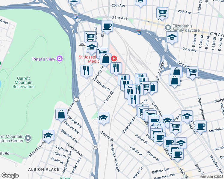 map of restaurants, bars, coffee shops, grocery stores, and more near 53 Courtland Street in Paterson
