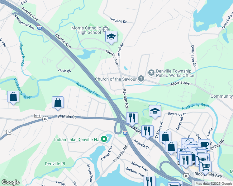 map of restaurants, bars, coffee shops, grocery stores, and more near 6 Katherine Street in Denville