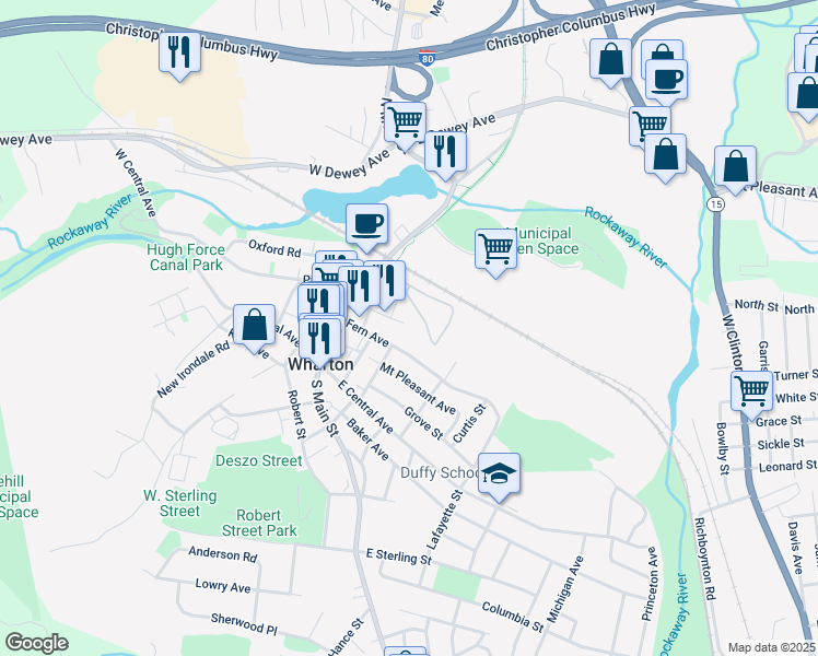 map of restaurants, bars, coffee shops, grocery stores, and more near 45 Kossuth Street in Wharton