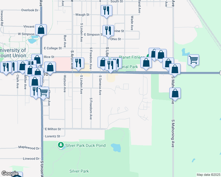 map of restaurants, bars, coffee shops, grocery stores, and more near 640 East Mill Street in Alliance