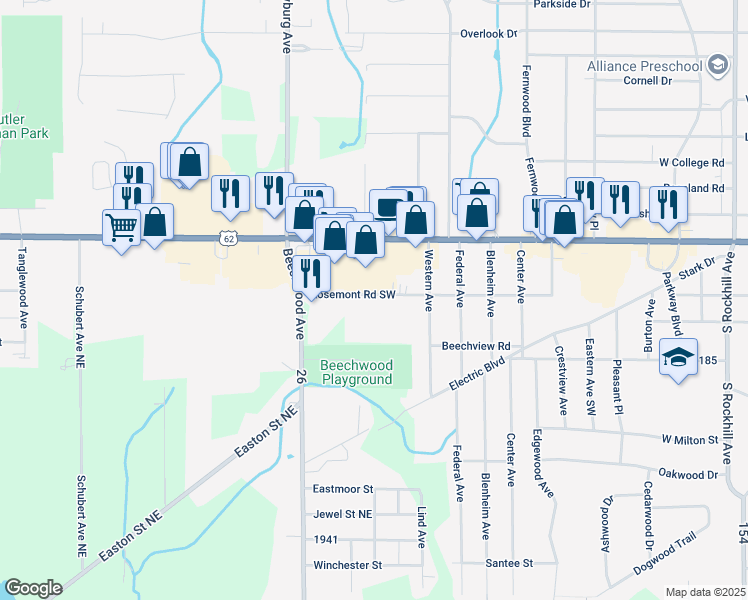 map of restaurants, bars, coffee shops, grocery stores, and more near 1675 Rosemont Road Southwest in Alliance