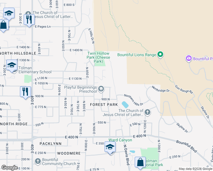map of restaurants, bars, coffee shops, grocery stores, and more near 975 East 1050 North in Bountiful