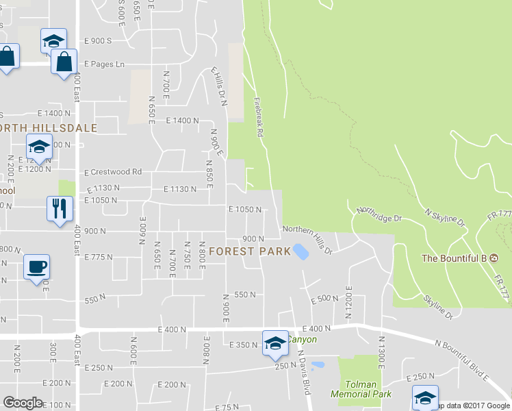 map of restaurants, bars, coffee shops, grocery stores, and more near 975 East 1050 North in Bountiful
