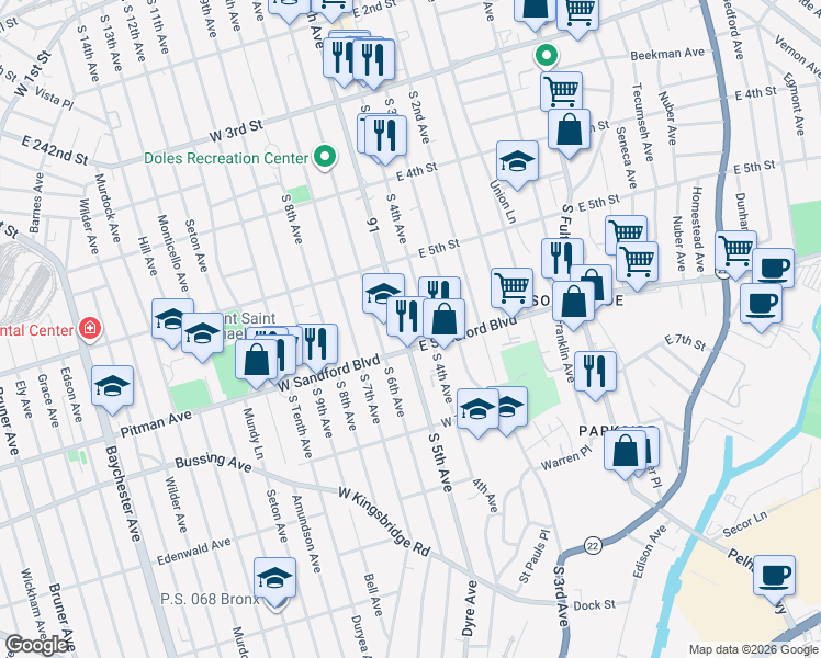 map of restaurants, bars, coffee shops, grocery stores, and more near 444 South 4th Avenue in Mount Vernon