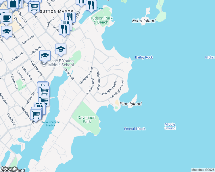 map of restaurants, bars, coffee shops, grocery stores, and more near 40 Winchester Oval in New Rochelle