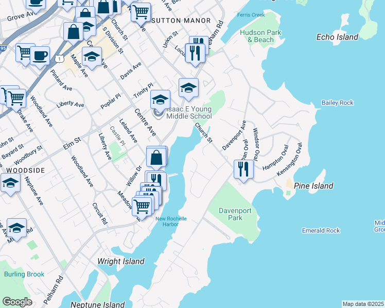 map of restaurants, bars, coffee shops, grocery stores, and more near 3 Mill Pond Lane in New Rochelle