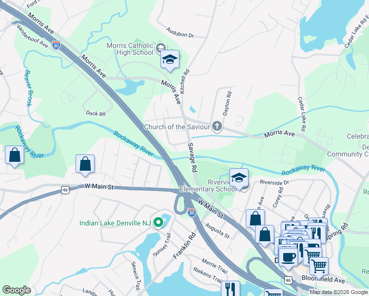 map of restaurants, bars, coffee shops, grocery stores, and more near 6 Katherine Street in Denville