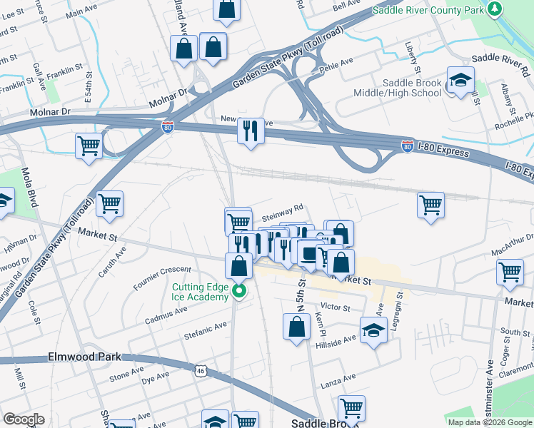 map of restaurants, bars, coffee shops, grocery stores, and more near 400 Lyster Avenue in Saddle Brook