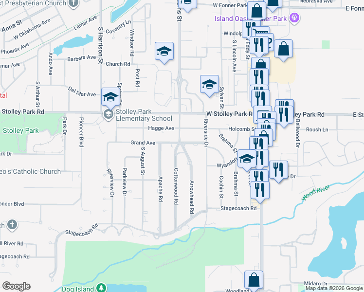map of restaurants, bars, coffee shops, grocery stores, and more near 2320 Arrowhead Road in Grand Island