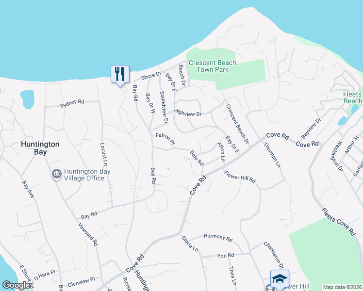 map of restaurants, bars, coffee shops, grocery stores, and more near 78 Bay Drive East in Huntington