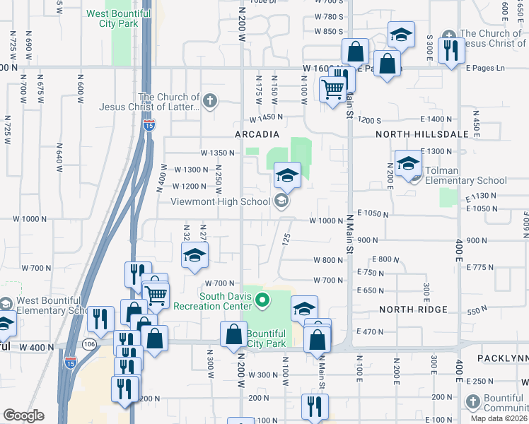 map of restaurants, bars, coffee shops, grocery stores, and more near 120 West 1000 North in Bountiful