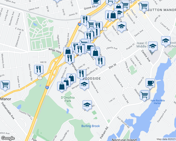 map of restaurants, bars, coffee shops, grocery stores, and more near 33 Bayard Street in New Rochelle