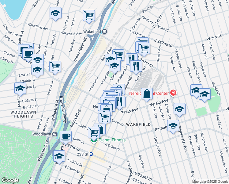 map of restaurants, bars, coffee shops, grocery stores, and more near 675 East 239th Street in Bronx