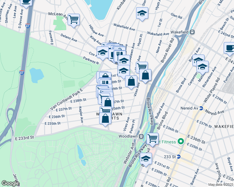 map of restaurants, bars, coffee shops, grocery stores, and more near 338 East 239th Street in Bronx