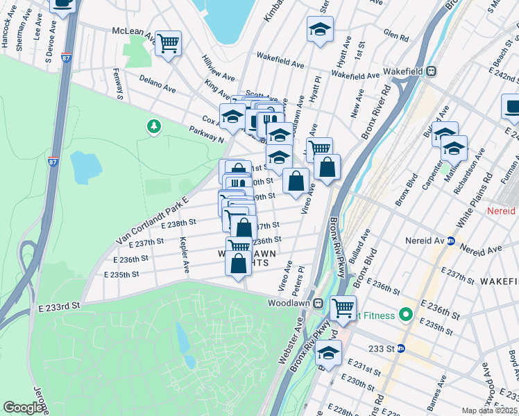 map of restaurants, bars, coffee shops, grocery stores, and more near 338 East 239th Street in Bronx