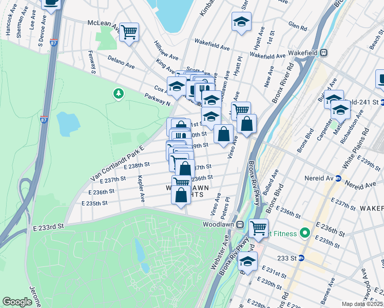 map of restaurants, bars, coffee shops, grocery stores, and more near 338 East 239th Street in Bronx