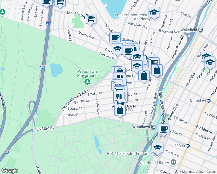 map of restaurants, bars, coffee shops, grocery stores, and more near 257 East 239th Street in Bronx