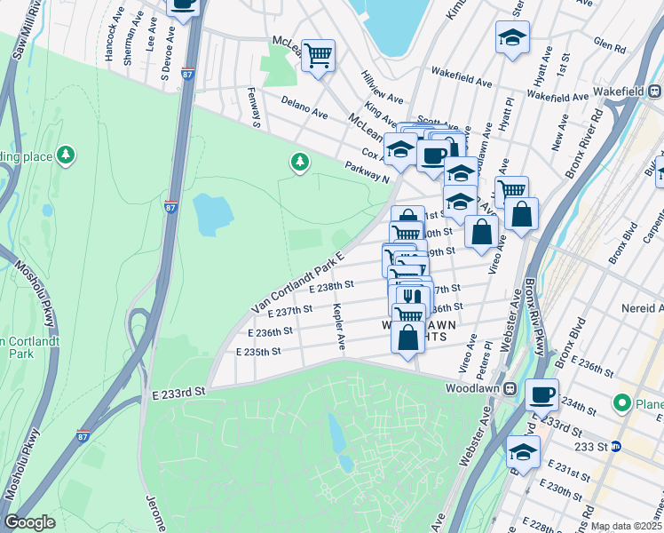 map of restaurants, bars, coffee shops, grocery stores, and more near 4420 Van Cortlandt Park East in Bronx