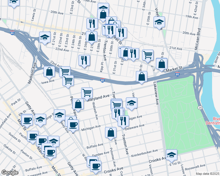 map of restaurants, bars, coffee shops, grocery stores, and more near 180 Trenton Avenue in Paterson
