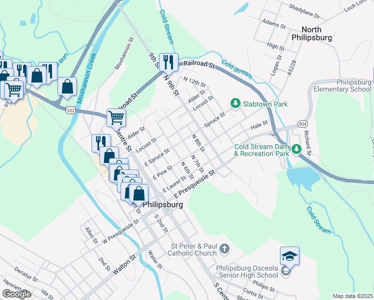 map of restaurants, bars, coffee shops, grocery stores, and more near 600-610 East Spruce Street in Philipsburg
