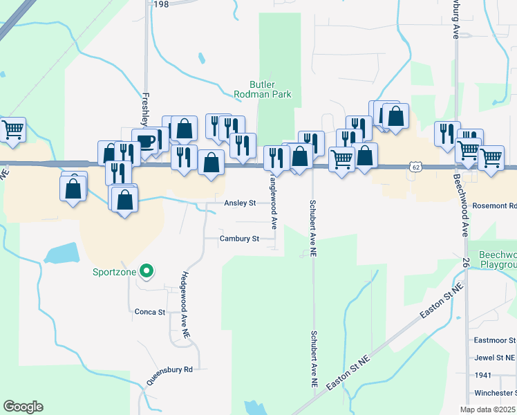 map of restaurants, bars, coffee shops, grocery stores, and more near 2311 Ansley Street in Alliance